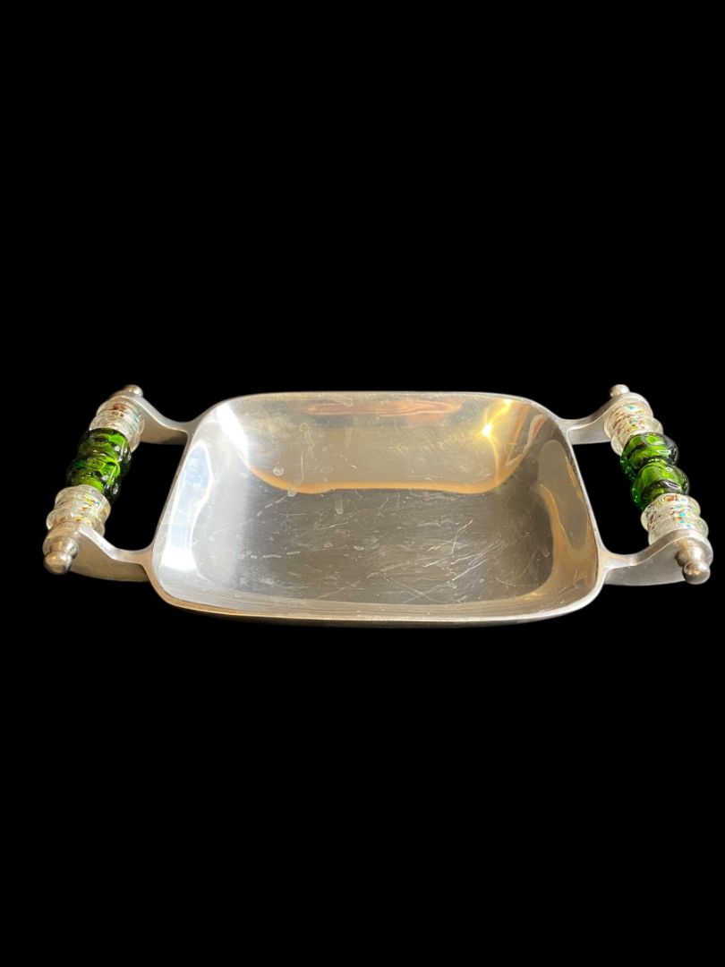 Wild Eye Designs Metal Serving Dish Small Green Bead Handles