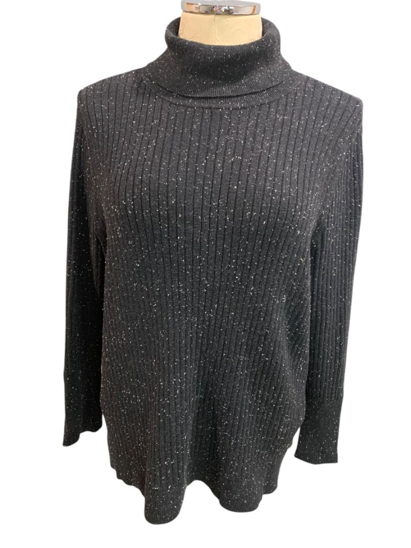 Size 1X Talbots Woman Black Flecked Turtleneck Sweater Ribbed Knit