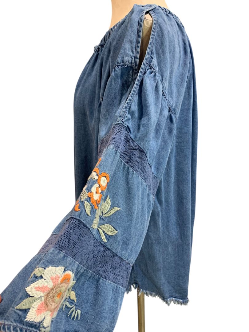 Size Large Ali Miles Womens Boho Shirt Embroidered Soft Off Shoulder