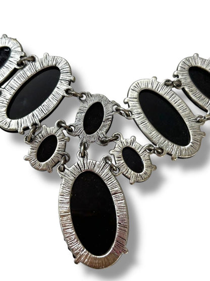 Silvertone and Black Drop Statement Necklace 18"-21"