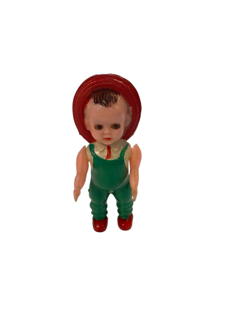 1950s Celluloid Farm Boy Doll Sleep Wake Eyes 4" Green Overalls