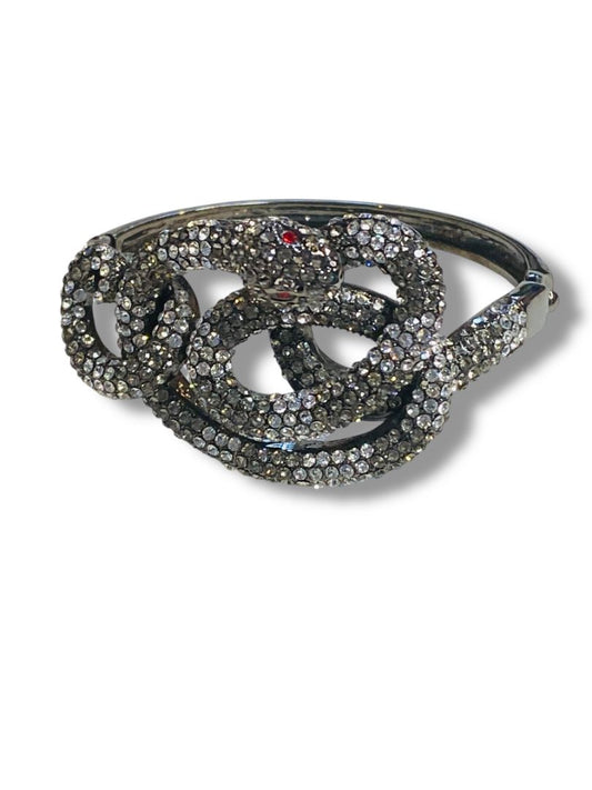 Rhinestone Snake Bangle Bracelet Hinged Pewter Color 1.5" Inside Diameter