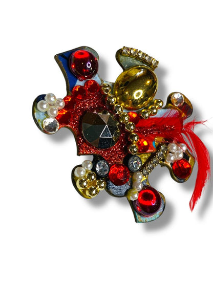 Signed Handcrafted Puzzle Piece Brooch Pin Red Goldtone 2"