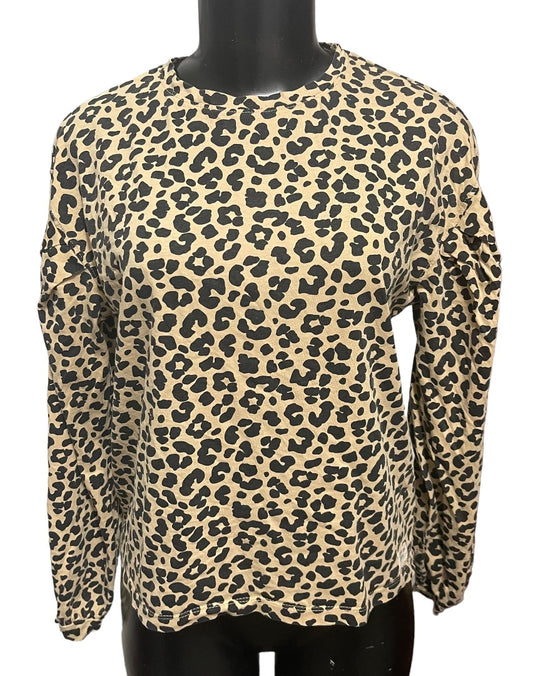 13-14 Zara Girls Crew Neck Long Sleeve Animal Print Cotton Girls Shirt Brown