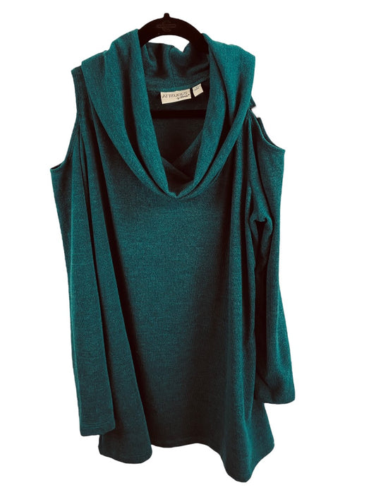 1X Attitudes by Renee Blue Green Cold Shoulder Cowl Neck Sweater