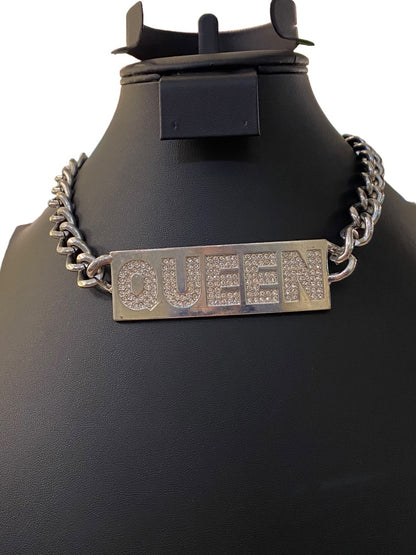 "QUEEN" Silvertone Embellished Chunky ID Style Choker Necklacce 16"