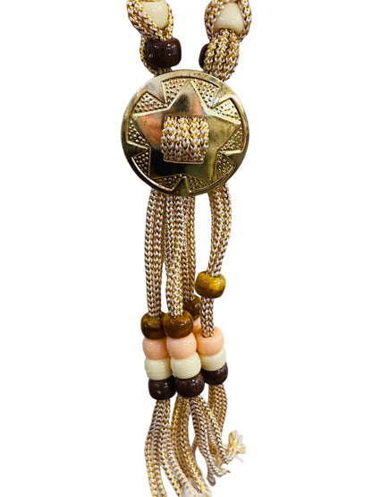 Braided Plastic Bead Necklace 32" Overhead Goldtone Pink Brown Lightweight 5" Tassel