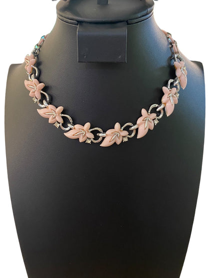 Vintage 13-15" Necklace Hook Closure Pink Plastic Leaf Silvertone