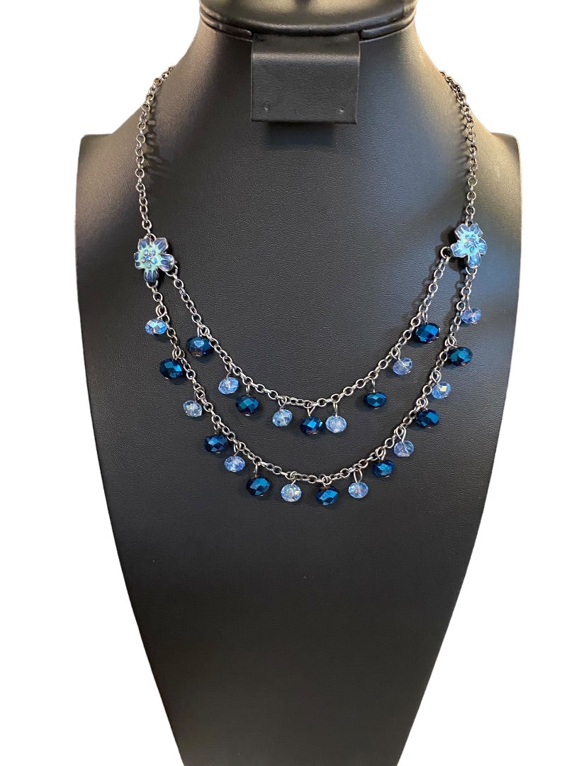 Dark Silvertone Blue Beaded Layered Necklace Floral 19" Lobster Clasp