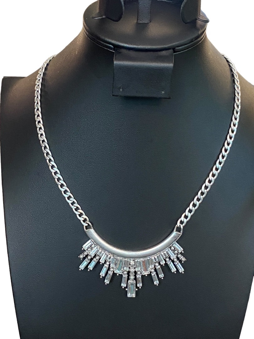 Silvertone Necklace 18"-21"Demilune Attached Pendant Lobster Clasp