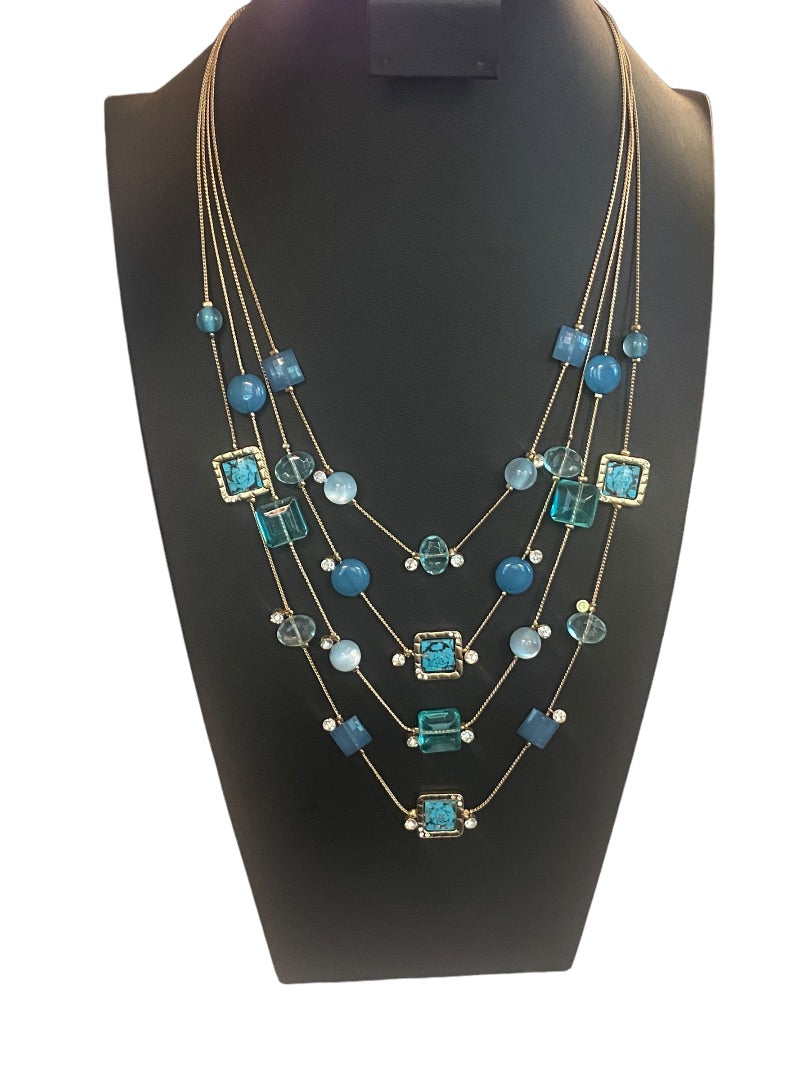 Charming Charlie 4 Strand Goldtone Blue Aqua Beads Layered 18-21"