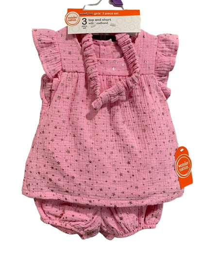 12 Months Baby Girls Pink New 3 Top Short with Headband Star Metallic