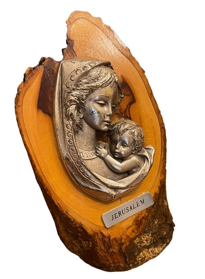 Jerusalem Metal Madonna Child on Wood Block Israel Christian 5"h