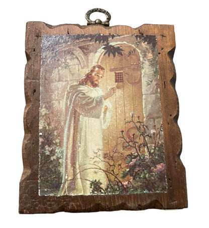 Religious Wooden Wall Plaque Jesus Knocking Distressed Vintage 1970s 5.25" x 4.25" Christian