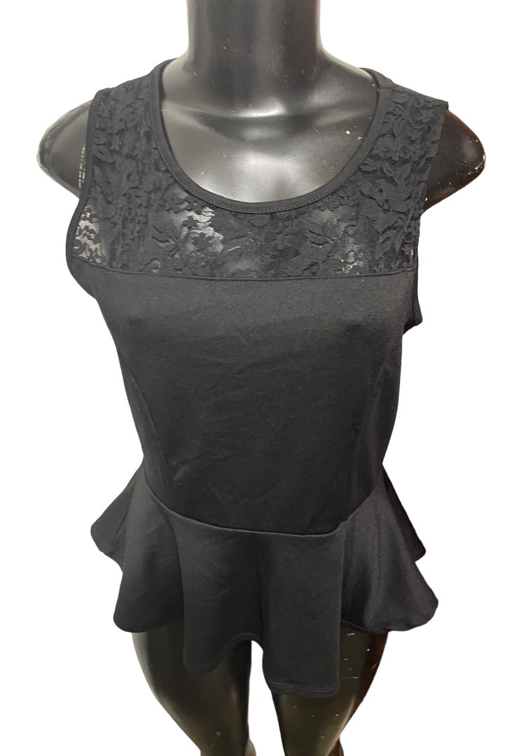 Large Ambiance Apparel Junior Womens Peplum Sleeveless Lace Yoke Top