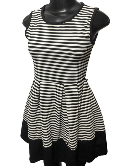 Size 12 Beautees Girls Black White Stripe Fit and Flare Dress Sleeveless