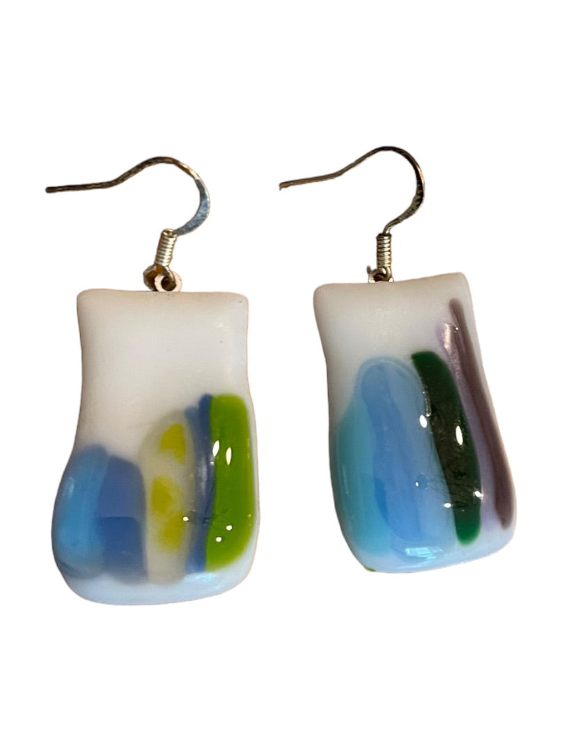 Color Fused Glass Fishhook Earrings Blue Green 1.25" Drop Dangle