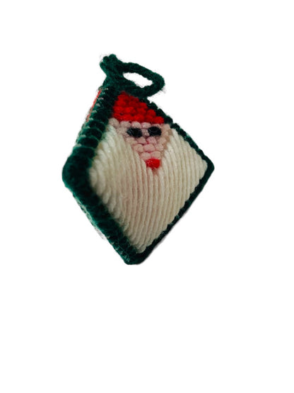 Holiday Ornament Christmas Santa Cross Stitch Ornament Diamond Shape 1980s Handmade