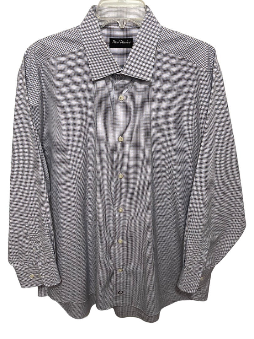 17.5 (32/33) David Donahue Mens Button Up White Blue Brown Dress Shirt