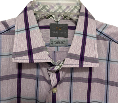 XL Thomas Dean 100% Pima Cotton Mens Plaid Dress Shirt Purple Long Sleeve