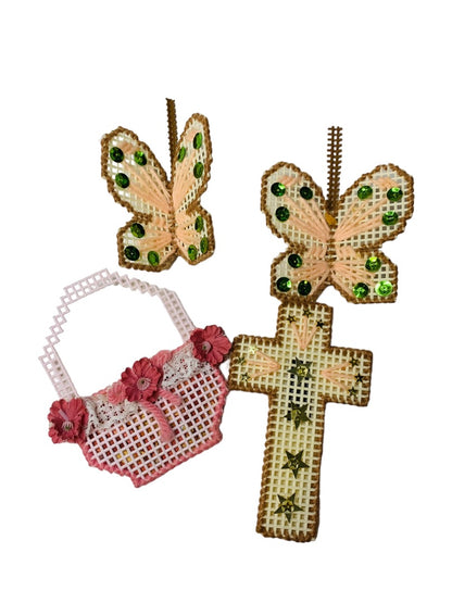 Handmade Vintage 1980s Plastic Cross Stitch Magnets Butterfly Cross Basket Sequin