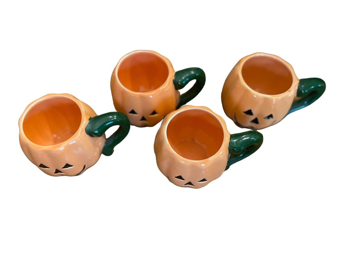 Set of 4 Halloween Ceramic Jack O Lantern Pumpkin Mugs Orange