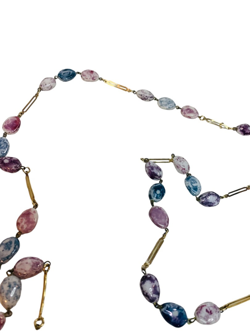 Goldtone Stone Polished Stone Blue Purple Overhead Strand String 47"