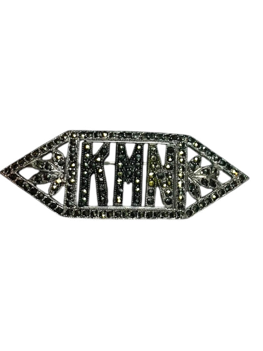 Vintage Silvertone Faux Marcasite Initial Monogram Brooch "KMN" Pin 2"