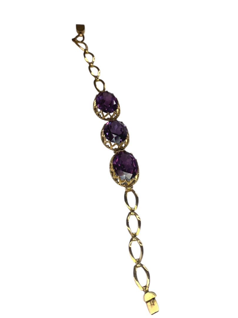 14k Yellow Gold Synthetic Amethyst Bracelet Vintage Jewelry Heart Filigree Setting 7.5"