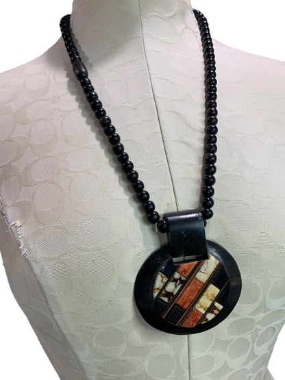 Vintage Wooden Beaded Pendant Statement Necklace Boho Style 30" Overhead No Clasp