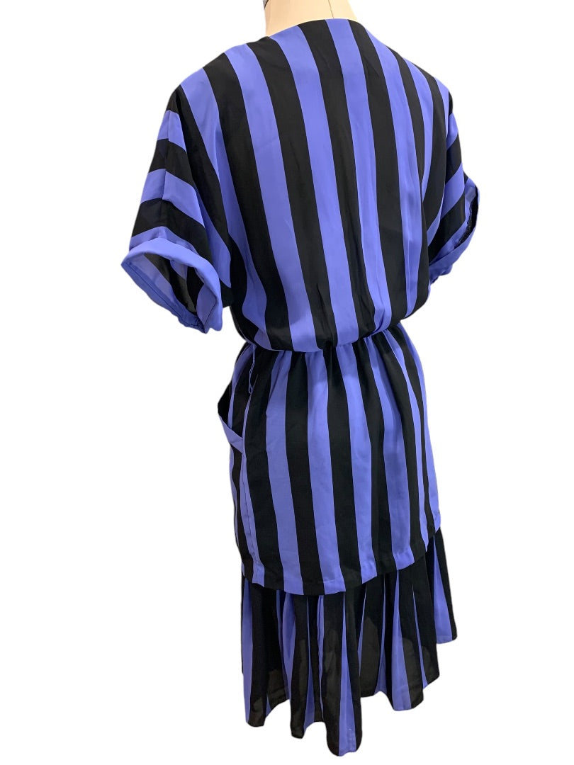 Size 6 Blake Elizabeth Purple Black Stripe Vintage 1980s Dress Pockets Pleated Hem