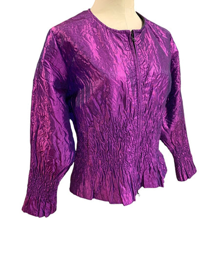 Medium Womens Purple Crinkle Satin Stretch Full Zip Jacket Y2K