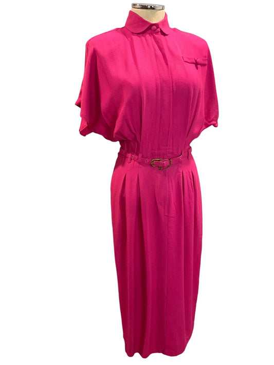 Size 8 Hearts Vintage 1980s Hot Pink Shirtwaist Dress Made in USA Rayon Acetate Blend