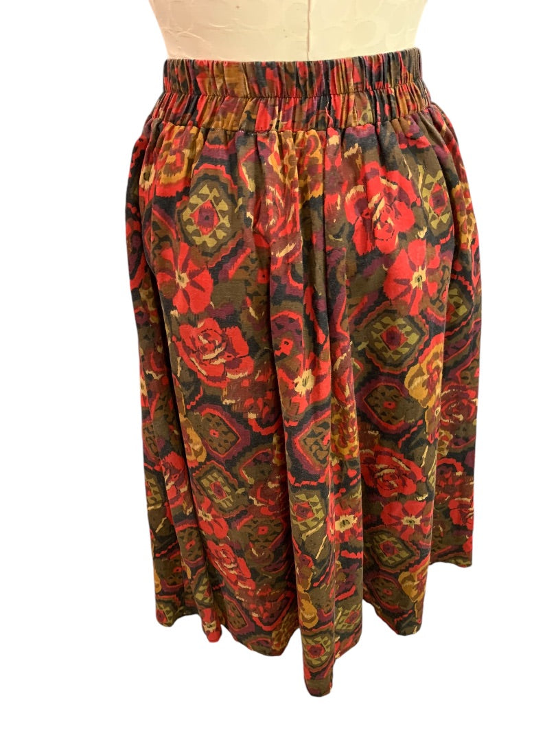 Large Vintage 1970s Pull On Midi Skirt Elastic Waist Pockets Retro Print