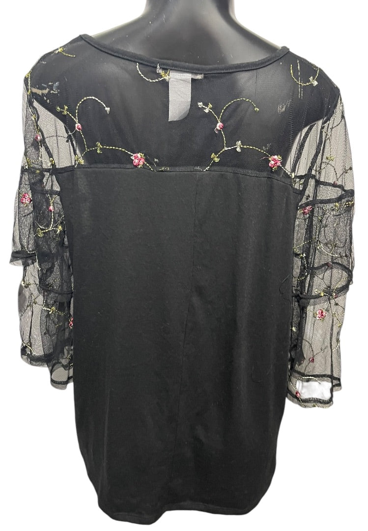 1X Ultra Teeze Womens Black Mesh Yoke Sleeve Embroidered Shirt