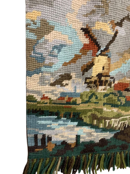 1970s Needlepoint Tapestry Wall Art Hanging Windmill Landscape 24x15 Inch