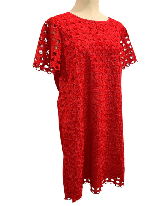 Size 16 Talbots Red Circle Eyelet Overlay Short Sleeve Dress