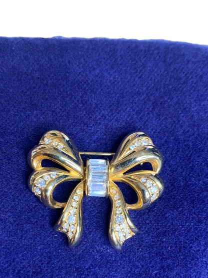 Goldtone Embellished Bow Brooch Pin 1.6 Inch