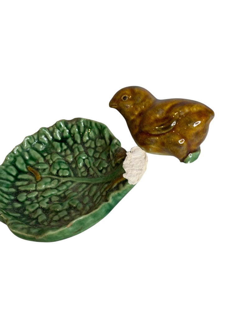 Vintage Portugal Bird on Leaf Trinket Dish "97" Pottery Broken for Repair Potential