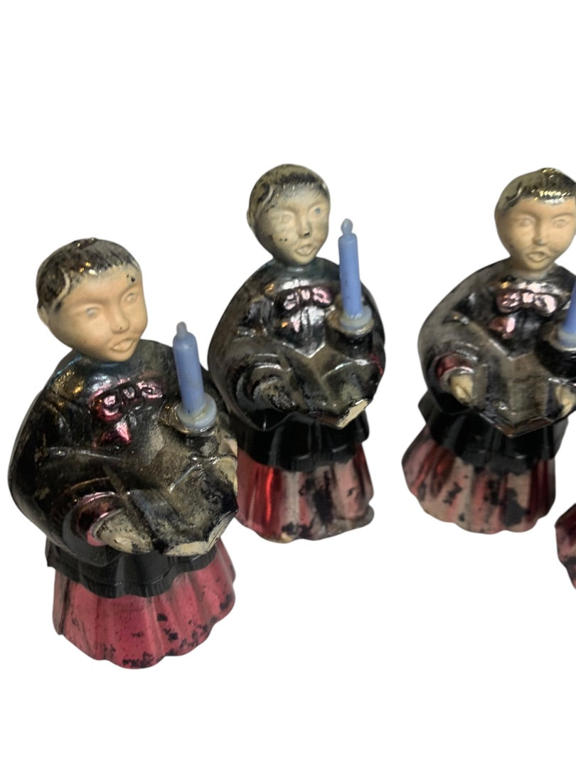 Set of 4 Choir Boy Celluloid Midcentury Metallic Holiday Decor Holding Candle 3 Inch