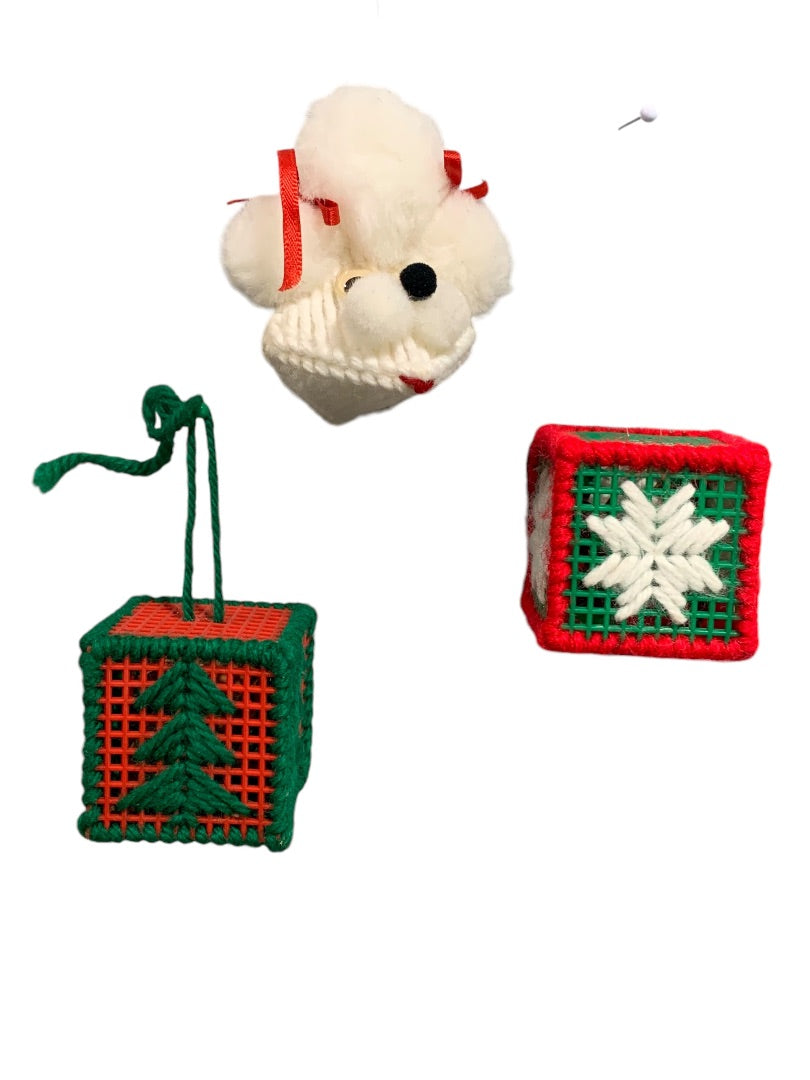 1980s Christmas Ornaments Yarn Cross Stitch Needlepoint Cubes Dog Kitschy