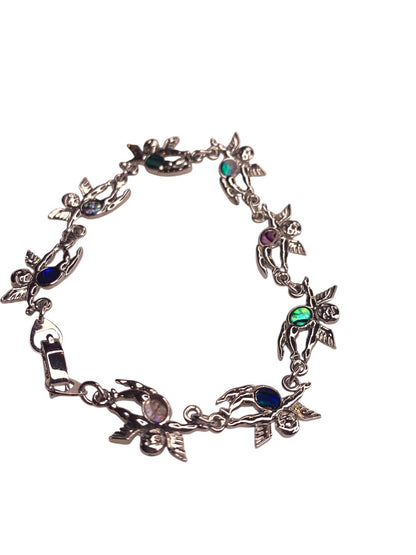 Silvertone Angel Link Bracelet Box Clasp 7 Inch Multicolor Enamel