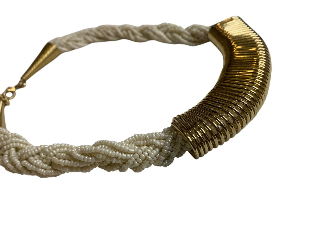 Vintage Goldtone White Seed Bead Statement Necklace 18-22 Inch