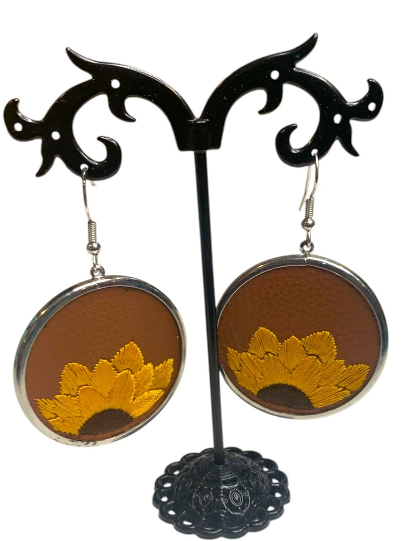 Silvertone Embroidered Faux Leather Sunflower Hook Pierced Earrings