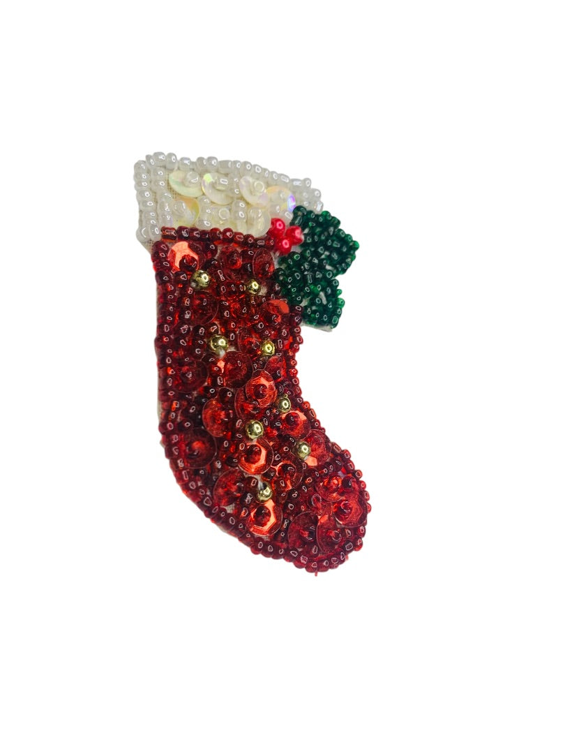 Vintage Holiday Christmas Pin Brooch Stocking Beads Sequins 2.4 Inch