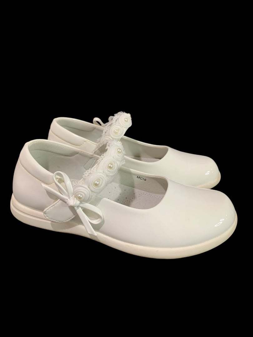 Size 36 Apawwa MC16 Girls White Lacquer Shoes Rosettes Faux Pearls First Communion