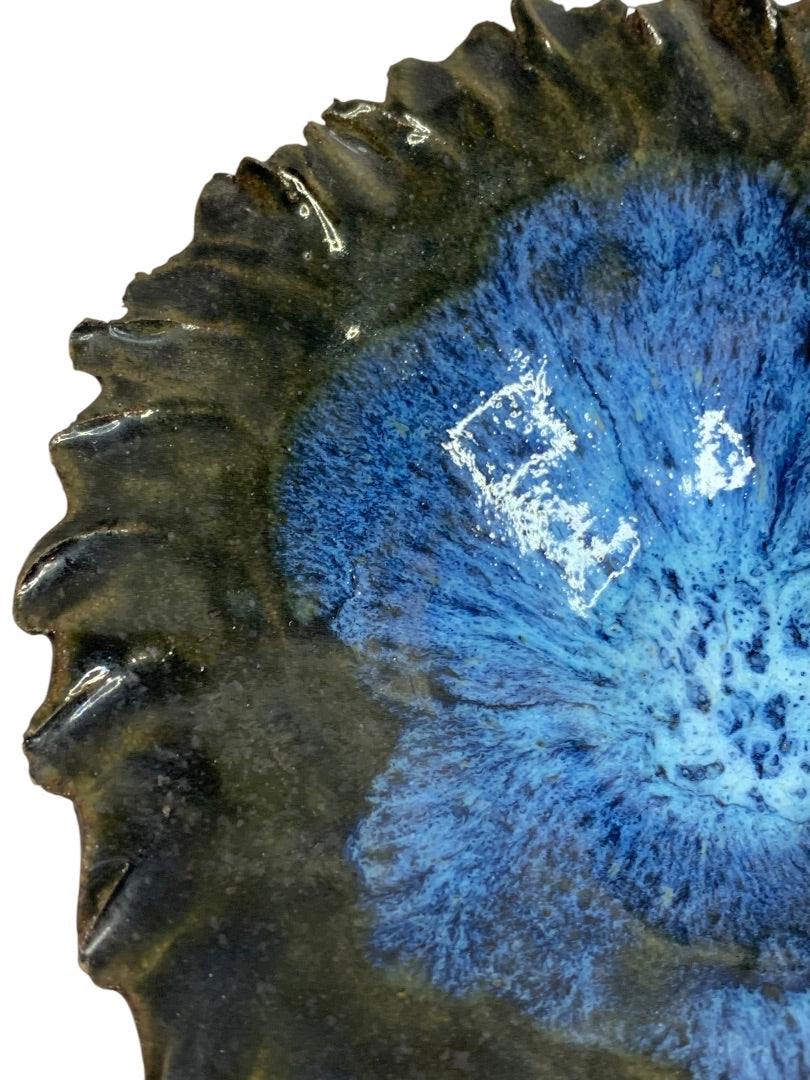 Art Pottery Signed Blue Black Bowl Textured Edge Vintage 7 Inch Diameter