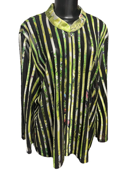 24W JS Collection Woman Striped Floral Sheer Longsleeve Zipper Shirt