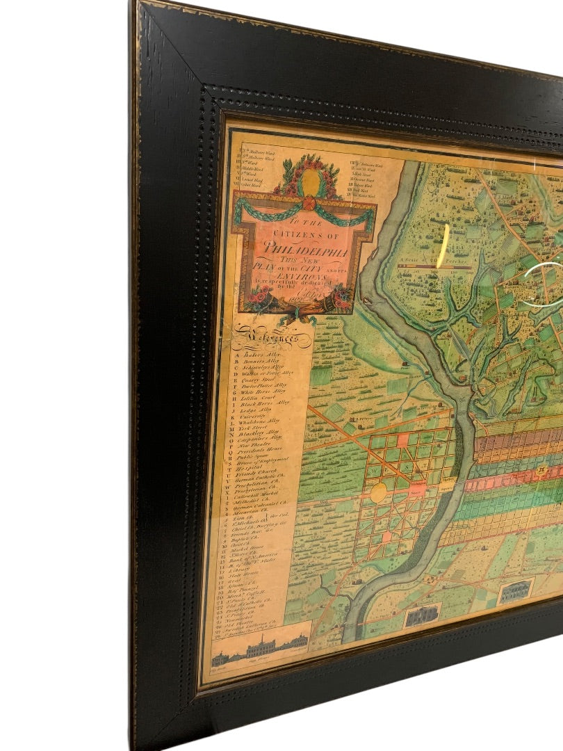 Reproduction 1802 Framed Map of Philadelphia Wooden Frame 34.5 x 26.5 Inches