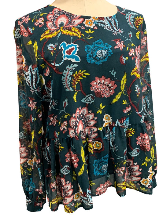 Medium LOFT Sheer Floral Print Blouse Flounce Hem Shirt